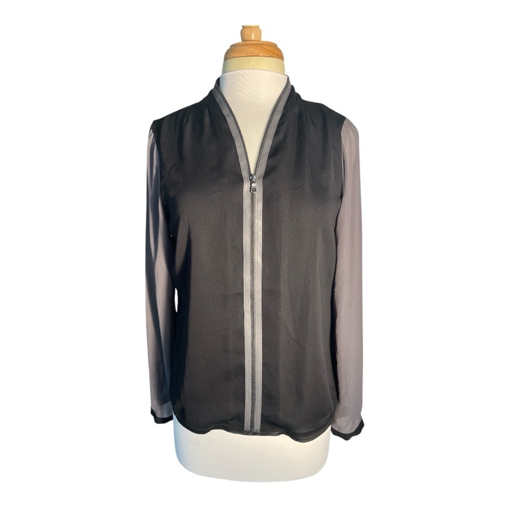 Elie Tahari Black Sheer Zip-Front Blouse